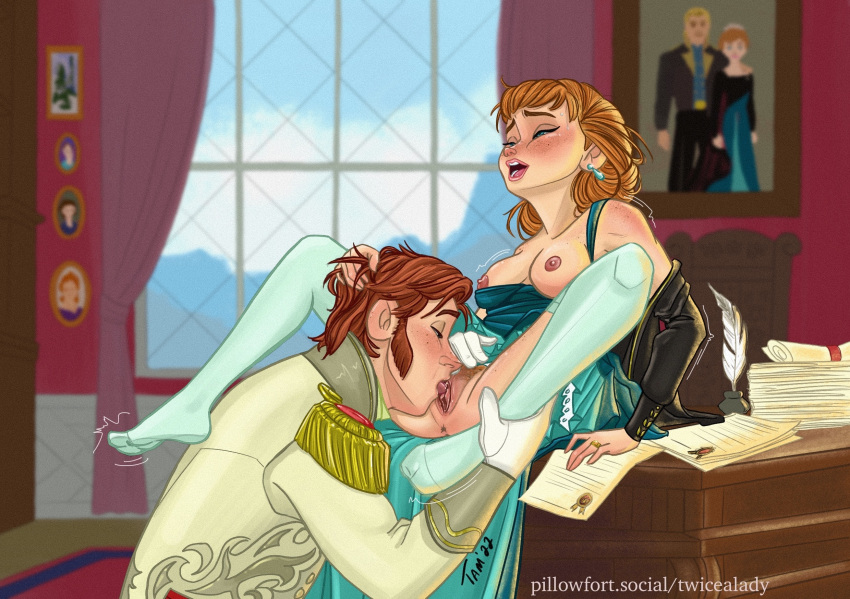 anna_(frozen) blush breasts breasts_out cheating closed_eyes cunnilingus disney frozen_(film) hair_grab implied_cheating licking_pussy looking_pleasured moaning nipples on_table oral_sex pleasure_face prince_hans pussy sex sitting_on_table trembling