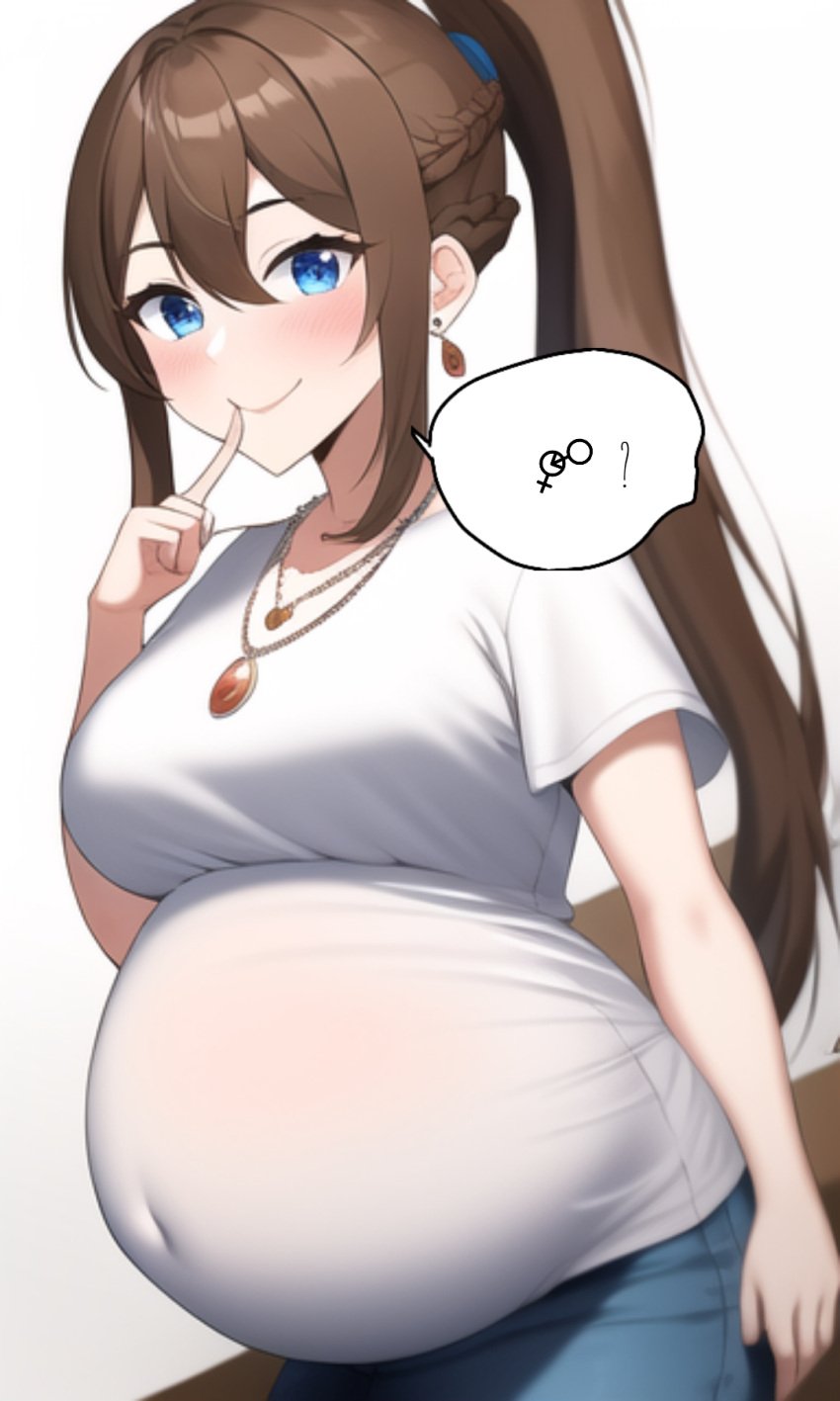 ai_generated asking_for_sex blue_eyes brown_hair curvy large_breasts light-skinned_female light-skinned_male milf necklace nicole_(xdk141) novelai ponytail pov pregnant xdk141