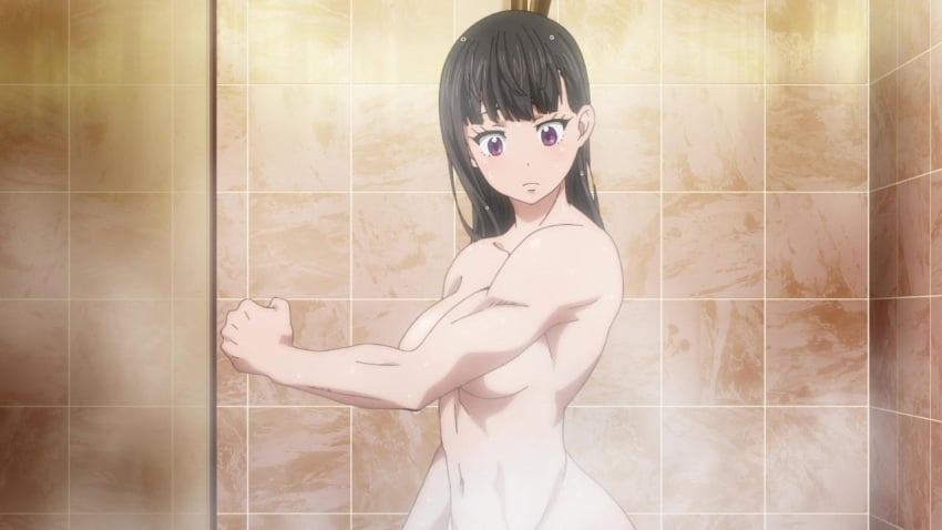 abs bathroom big_breasts black_hair breasts completely_naked completely_naked_female completely_nude completely_nude_female enen_no_shouboutai fire_force muscular muscular_female naked naked_female navel nude nude_female oze_maki purple_eyes screencap shower showering steam wet_hair