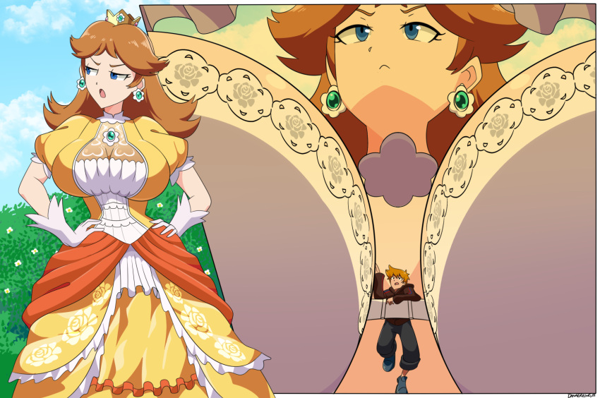 annoyed_expression between_breasts blue_eyes bra brown_hair clothed_female clothed_male crown dangerking11 dress giantess hands_on_hips lacy_bra larger_female mario_(series) micro nintendo original_character princess_daisy size_difference smaller_male unaware white_bra