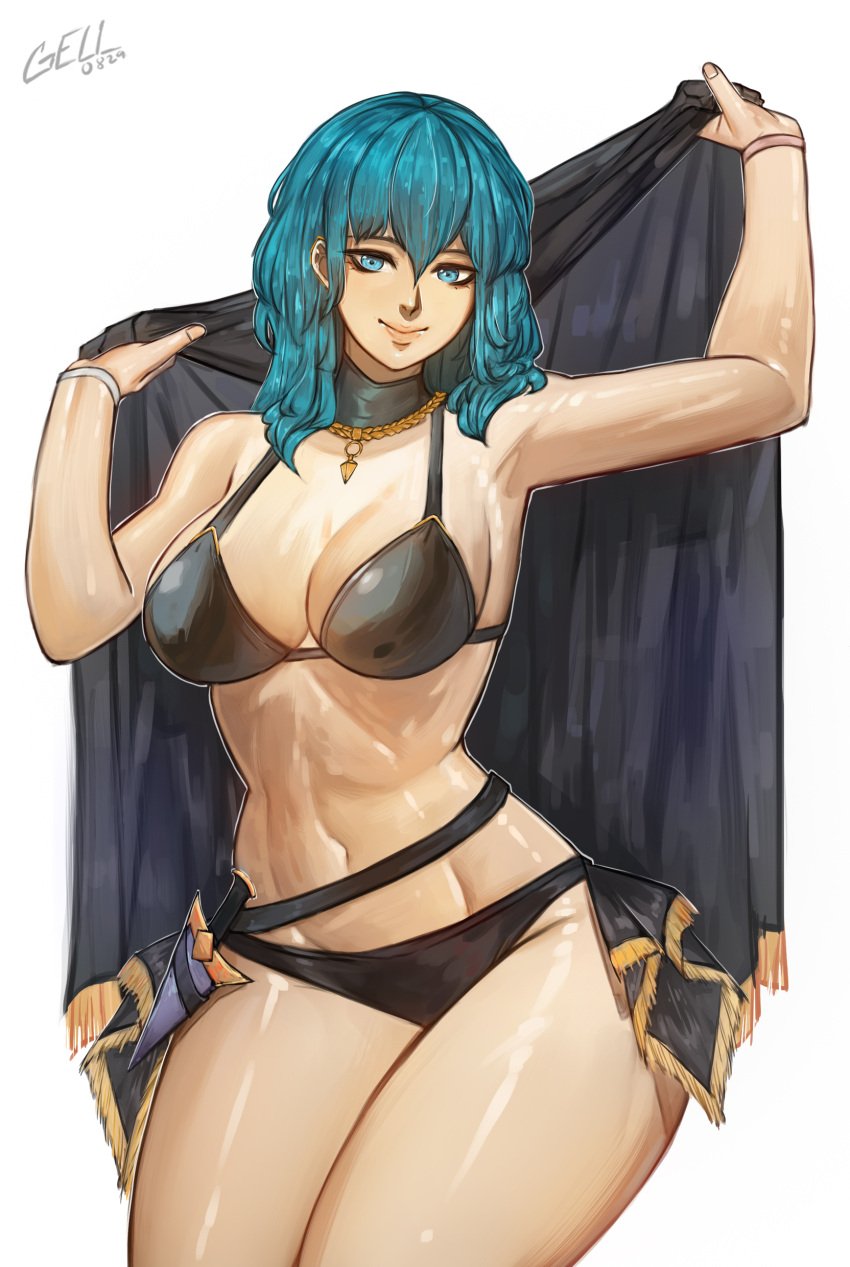 1girls alternate_costume bikini black_bikini black_swimsuit blue_eyes blue_hair byleth_(fire_emblem) byleth_(fire_emblem)_(female) byleth_(summer)_(fire_emblem)_(female) cleavage dagger female female_only fire_emblem fire_emblem:_three_houses fire_emblem_heroes gelldraws highres large_breasts looking_at_viewer nintendo official_alternate_costume smile solo swimsuit thick_thighs watermark wide_hips