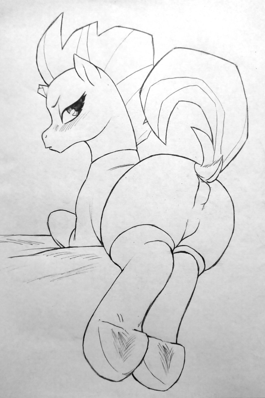 2023 absurd_res anus_outline ass blush broken_horn dock equid equine female feral friendship_is_magic hasbro hi_res hooves horn looking_back mammal monochrome my_little_pony my_little_pony:_the_movie_(2017) perrox solo tempest_shadow_(mlp) traditional_media_(artwork) unicorn