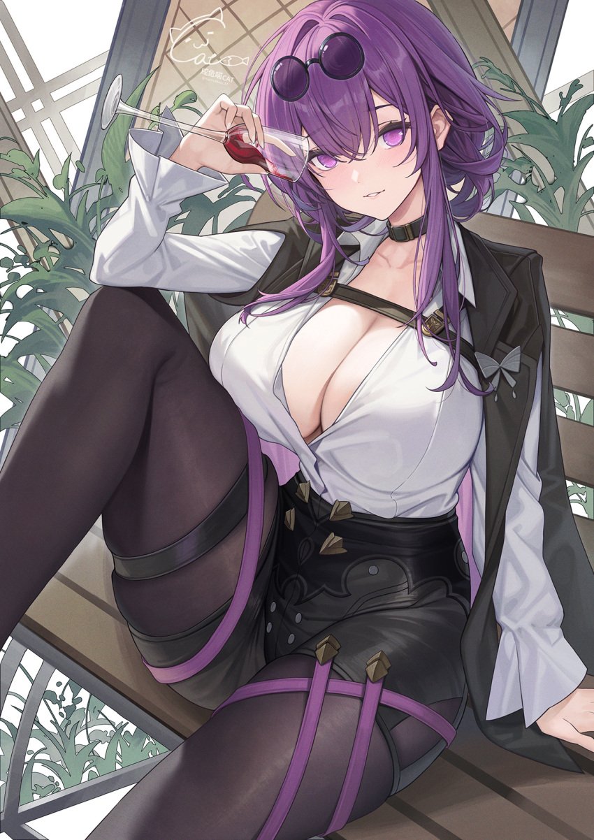 big_breasts catsmoon cleavage clothed drink eyewear_on_head glasses honkai:_star_rail kafka_(honkai:_star_rail) legwear looking_at_viewer purple_eyes purple_hair smile sunglasses_on_head wine