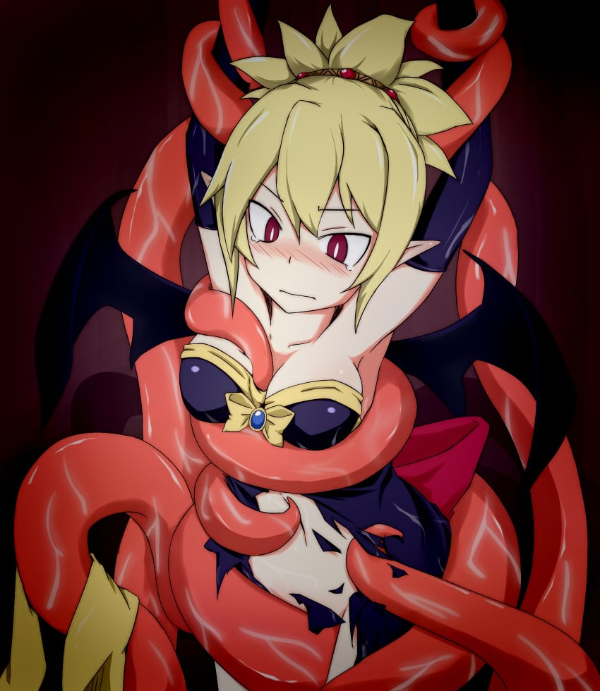 assisted_exposure bound bound_arms breasts cleavage demon_girl demon_wings disgaea disgaea_2 large_breasts mingaru nippon_ichi_software rozalin stripped_by_tentacles tentacle tied_up torn_clothes