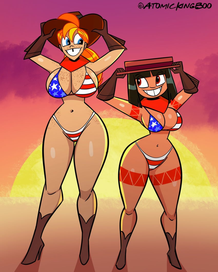 2girls 4th_of_july american_flag american_flag_bikini atomickingboo bethany_hummingbird big_breasts bikini black_hair breasts cowboy_boots cowboy_hat cowgirl flag_bikini high_heel_boots high_heels indian_female long_gloves looking_at_another looking_at_partner multiple_girls oc original_character original_characters red_hair rudy_roundup smile tooth_gap wide_hips