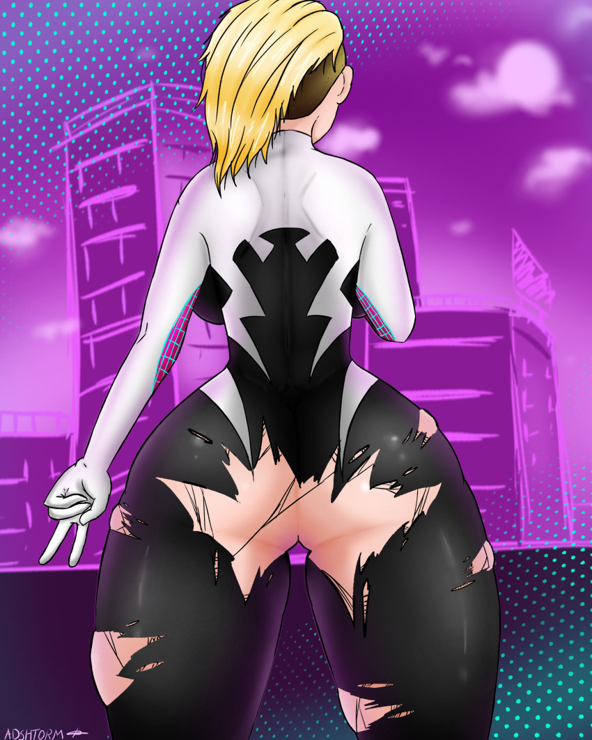 1girls adshtorm ass asymmetrical_hair big_ass big_breasts big_butt black_clothing breasts female female_only from_behind gwen_stacy marvel purple_background self_upload solo spider-gwen spider-man_(series) white_clothing yellow_hair