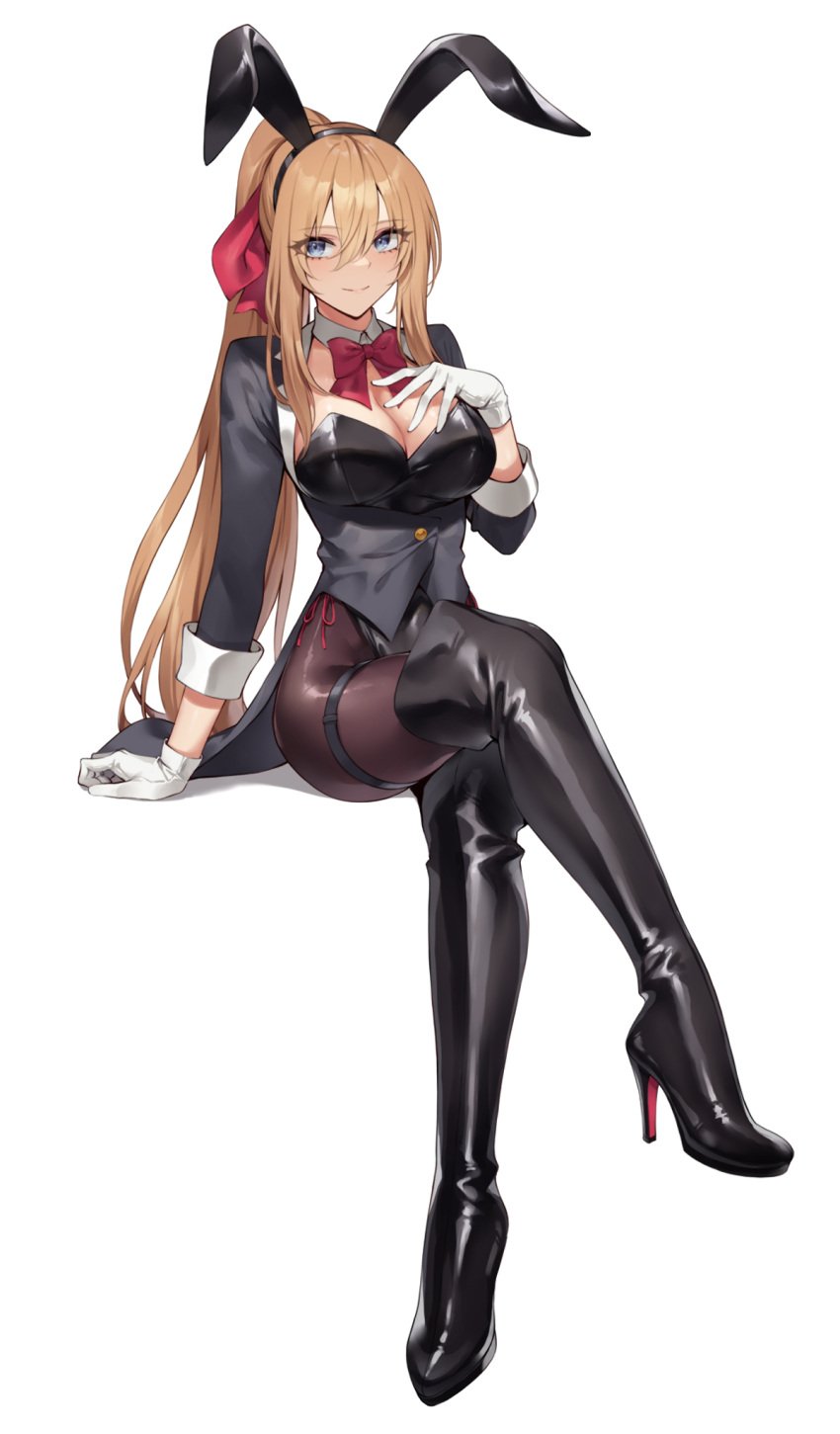 1girls black_clothing blonde_hair blue_eyes boob_window boots bowtie bunny_ears bunnysuit cleavage detached_collar female female_only gloves high_heels knee-high_boots leotard light-skinned_female light_skin long_hair looking_at_viewer momihige_(mo3hig3) original pantyhose ponytail ribbon solo stockings tailcoat thigh_boots thigh_strap thighhighs white_background white_gloves