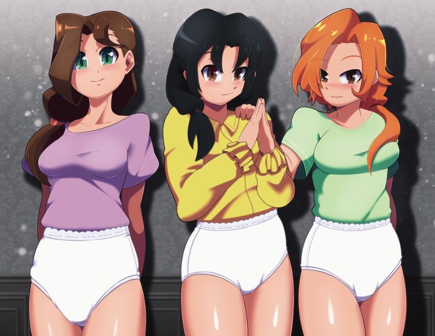 3girls amber_eyes attack_on_titan black_hair brown_hair carla_jaeger euf-dreamer fullmetal_alchemist granny_panties green_eyes milf mommy multiple_girls panties party red_hair smile smiling standing trisha_elric underwear