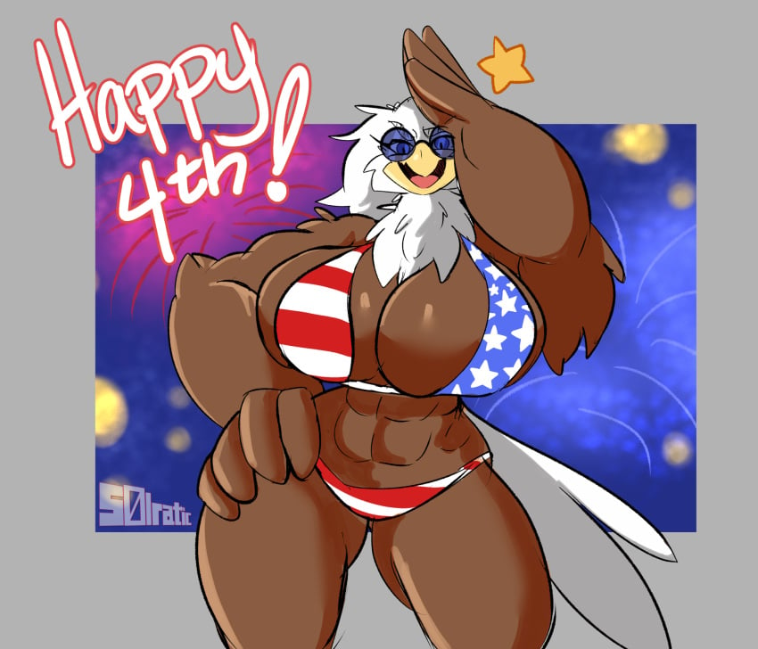 1girls 4th_of_july abs american_flag_bikini anthro anthro_only avian bald_eagle beak bikini bird brown_body busty feathers female_only fireworks furry furry_only hand_gesture hand_on_hip huge_breasts looking_at_viewer midriff neck_tuft night_sky open_beak open_mouth salute solo solo_female solraticart standing star sunglasses swimsuit tail text thighs