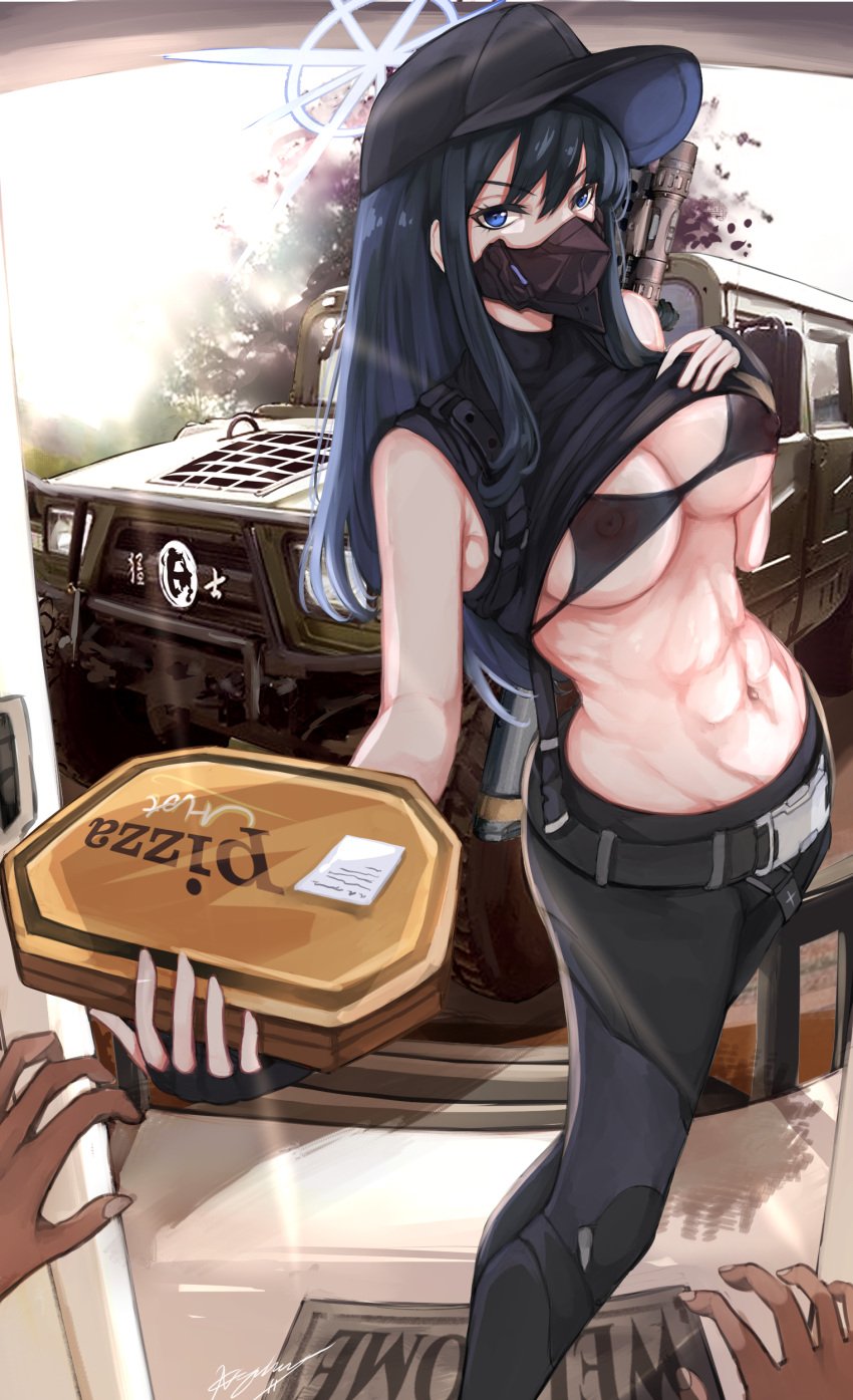 1girls abs absurdres assault_rifle bare_arms bare_shoulders baseball_cap belt black_bra black_headwear black_pants black_shirt blue_archive blue_eyes blue_hair bra breasts covered_nipples female ground_vehicle gun halo hat highres large_breasts leggings long_hair looking_at_viewer mask midriff mouth_mask muscular muscular_female navel nui_gurumi pants pizza_box pizza_delivery rifle saori_(blue_archive) see-through shirt_lift sideboob sig_516 sig_sauer sleeveless sleeveless_shirt solo_focus standing stomach underboob underwear very_long_hair weapon