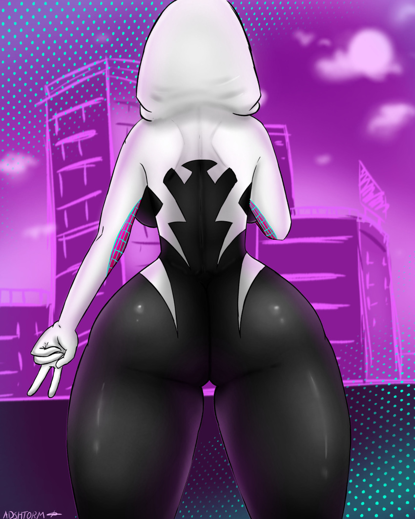 1girls adshtorm ass big_ass big_breasts big_butt black_clothing breasts female female_only from_behind gwen_stacy marvel purple_background self_upload solo spider-gwen spider-man_(series) white_clothing yellow_hair