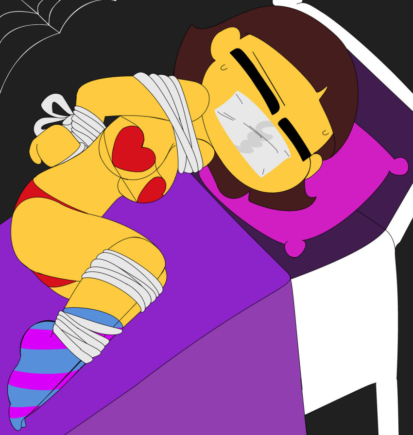 1girls 2d 2d_(artwork) 2d_artwork aged_up anxious bedroom bondage color female female_only frisk human human_female human_only in_bed redstheatre solo sweat tagme undertale undertale_(series)