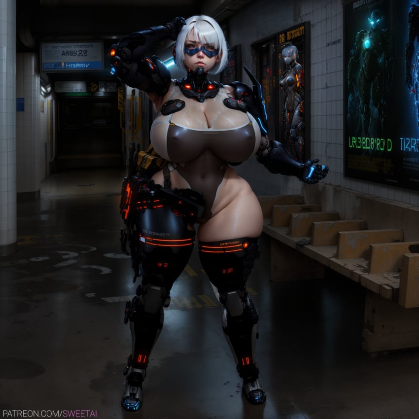 ai_generated cleavage cyberpunk cyborg huge_breasts plump short_hair sweetai thick_thighs white_hair