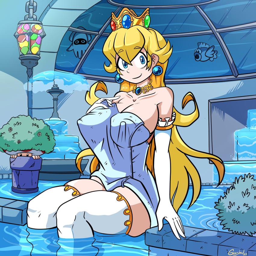 blonde_hair blooper breasts bush cheep_cheep female female_only fountain gunshad mario_(series) nintendo pool princess_peach solo toad_(mario) towel water