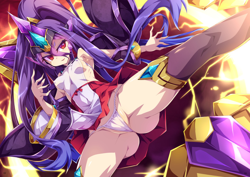 1girls ass black_legwear blazblue blazblue:_central_fiction clothing detached_sleeves erect_nipples erect_nipples_under_clothes female hades_izanami mikado_(blazblue) panties ponytail purple_hair red_eyes sideboob skirt sleeveless small_breasts smile spread_legs thick_thighs tied_hair tight_clothing toraishi_666 upskirt very_long_hair