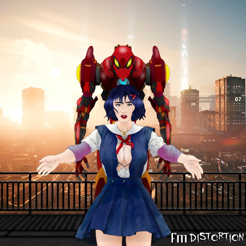 1girls breast_exposed breasts female fmdistortion japanese_clothing marvel neon_genesis_evangelion peni_parker peni_parker_(earth-14512) school_uniform schoolgirl sunset