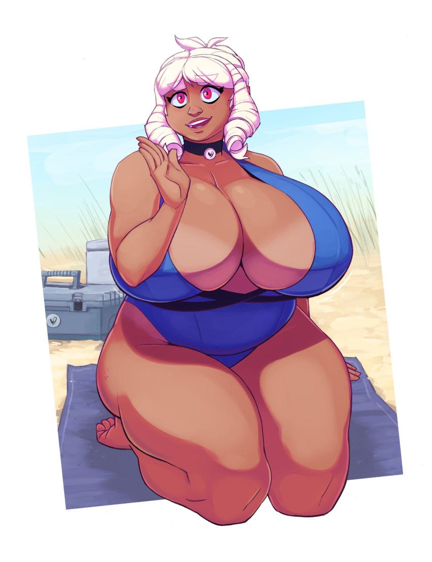 1girls aries_(thedansome) beach beach_towel big_breasts blush choker curly_hair curvaceous curvy dark-skinned_female dark_skin female female_only hi_res huge_breasts inner_sideboob kneeling light_blush pink_eyes smile solo swimsuit tanline thedansome thick_thighs white_hair