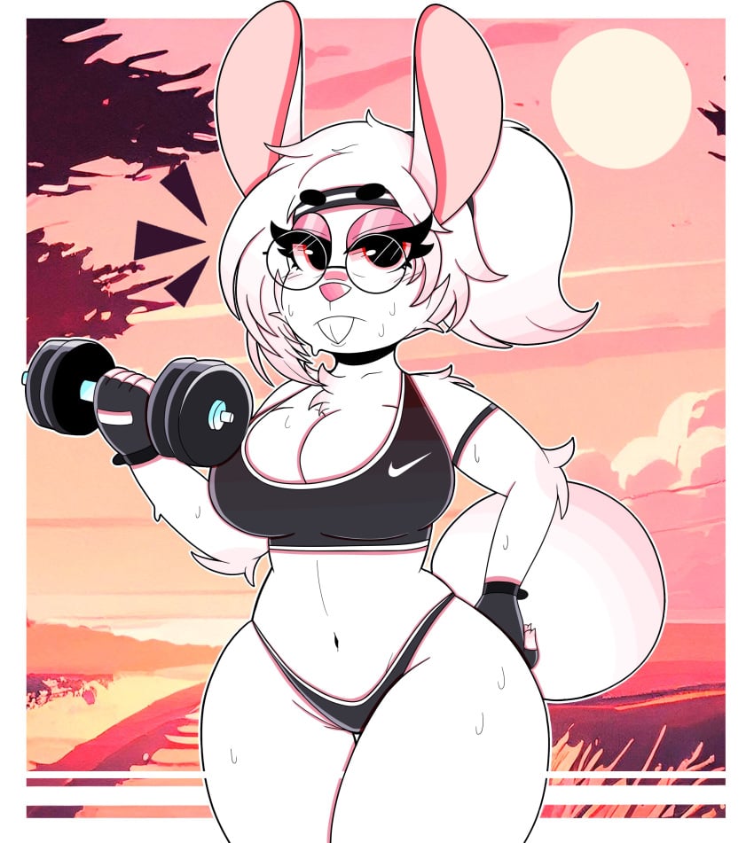 1girls big_breasts bra breasts bunny_ears exercise female female_only glasses gloves nike panties rabbit red_eyes sweat sweatdrop sweating thick_thighs weights white_fur wide_hips wireless_shiba workout workout_clothes