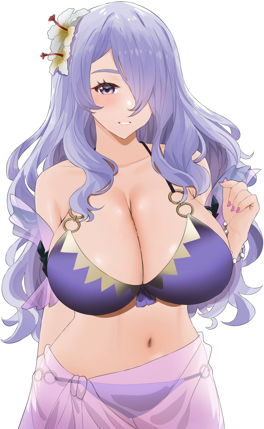 1girls absurdres bikini breasts camilla_(fire_emblem) camilla_(summer)_(fire_emblem) cleavage collarbone female female female_only fire_emblem fire_emblem_fates fire_emblem_heroes flower genm7 hair_flower hair_ornament hair_over_one_eye highres huge_breasts looking_at_viewer nail_polish navel nintendo o-ring o-ring_bikini official_alternate_costume pink_nails purple_bikini purple_eyes purple_hair purple_nails purple_swimsuit sarong see-through_sarong smile solo swimsuit teeth upper_body wavy_hair white_background