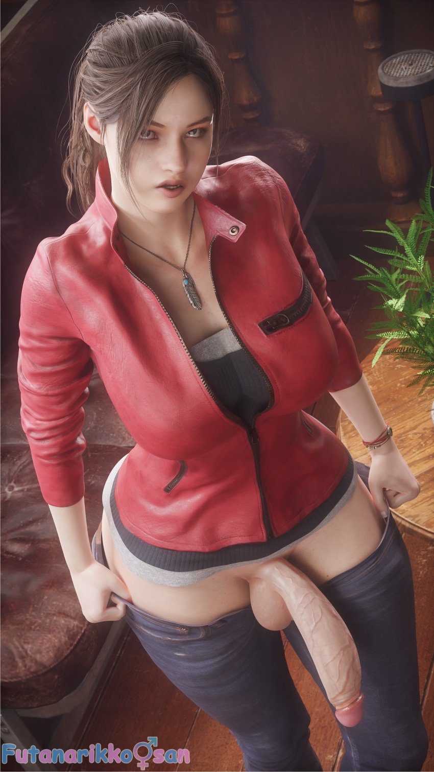 1futa 3d balls big_penis blender blue_eyes brown_hair claire_redfield dressing flaccid futa_only futanari futanarikko-san hi_res highres indoors looking_at_viewer penis penis_out resident_evil resident_evil_2 resident_evil_2_remake solo veiny_penis