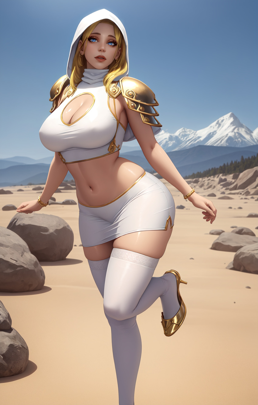 ai_generated blonde_hair crop_top curvy female high_heels highres hood human imminent_rape long_hair luna_(noname55) pencil_skirt pinup priest_(warcraft) solo stable_diffusion standing_on_one_leg the_barrens thick_thighs thighhighs world_of_warcraft