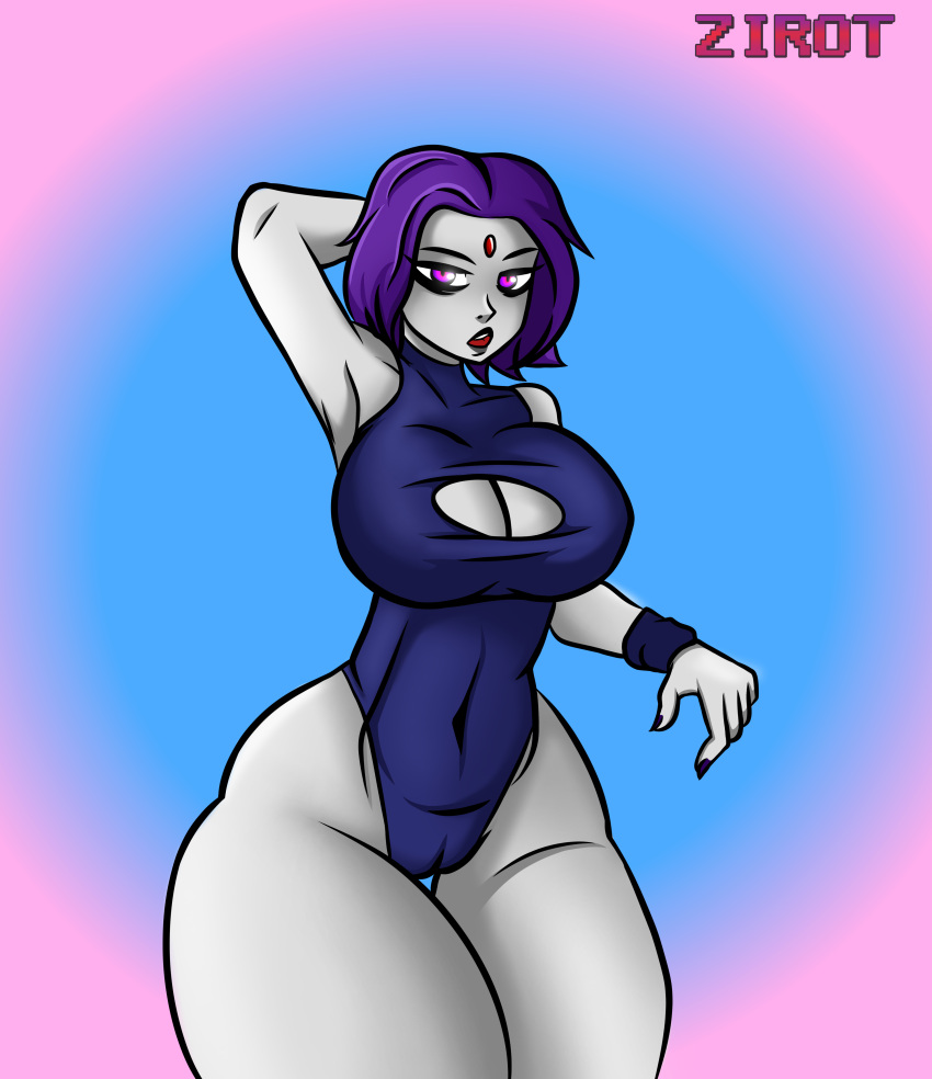 1girls arm_up armpits big_breasts big_butt boob_window breasts cameltoe cleavage curvaceous curvy dc dc_comics female female_focus female_only fully_clothed goth goth_girl huge_boobs huge_breasts leotard lipstick pale-skinned_female pale_skin pink_eyes purple_hair pussy rachel_roth raven_(dc) small_waist solo suit teen_titans wide_hips zirot