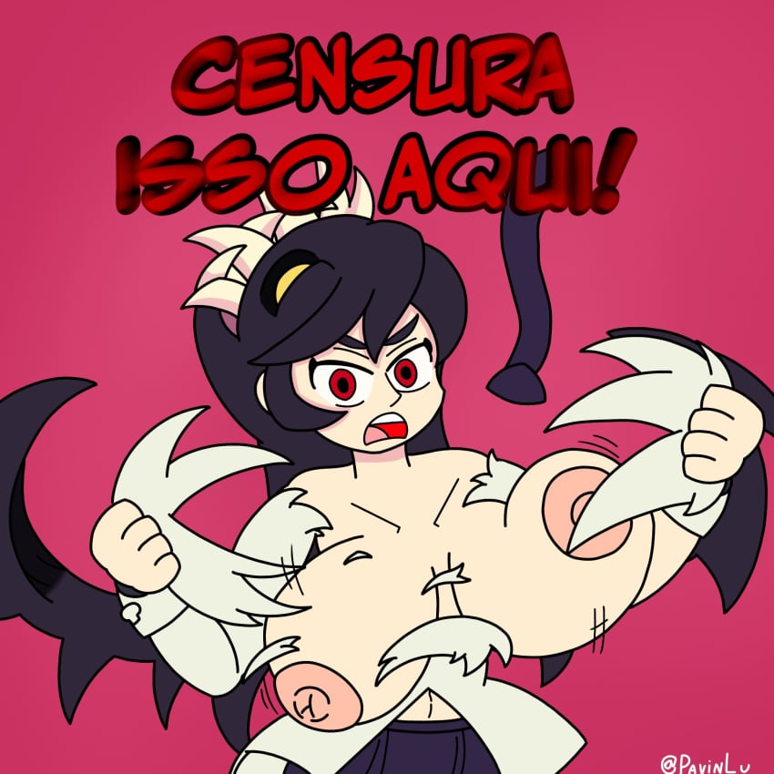 1girls angry angry_face big_breasts big_breasts black_hair breasts breasts clothing filia_(skullgirls) light-skinned_female light_skin parasite partially_clothed pavinlu portuguese_text red_eyes ripped_clothing samson_(skullgirls) skullgirls solo solo_female