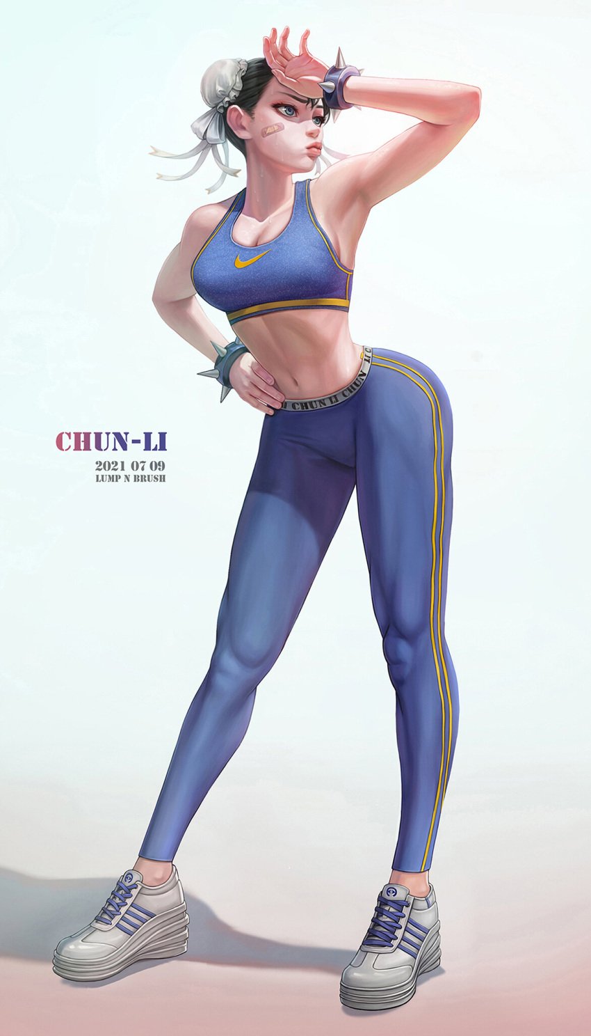 1girls 2021 abs bandage blue_eyes breasts capcom chun-li cleavage dark_hair double_bun female female_only fully_clothed hair_bun hand_on_hip large_breasts lump_n_brush midriff nike pants sneakers solo sports_bra sportswear street_fighter sweat sweating tight_clothing wiping_sweat yoga_pants