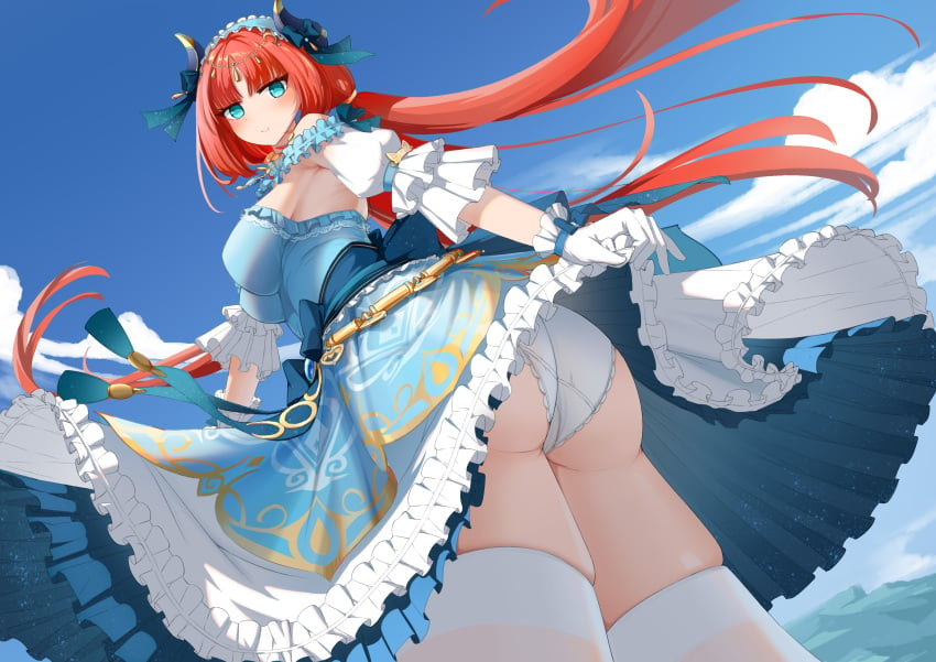 alternate_costume artist_request ass bare_shoulders blue_eyes breasts cameltoe dress fake_horns female from_behind from_below genshin_impact headdress hi_res horns large_breasts long_hair looking_at_viewer looking_down low_twintails nilou_(genshin_impact) panties red_hair sideboob skirt skirt_hold skirt_lift solo thick_thighs thighhighs twintails upskirt very_long_hair