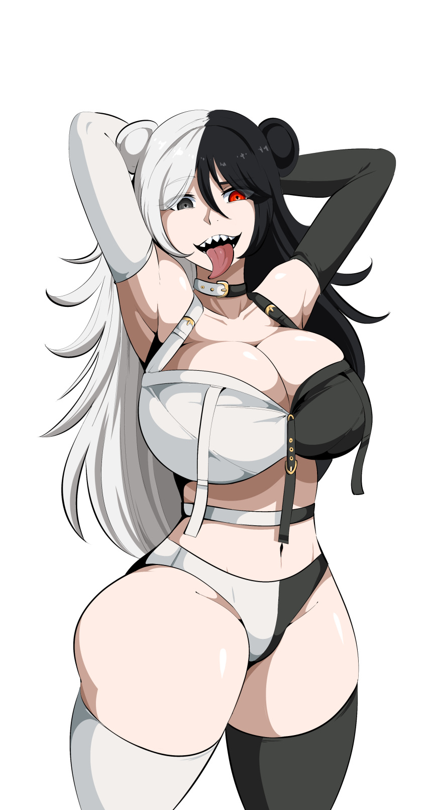 big_areola big_breasts black_eyes black_hair boobs clothing danganronpa female genderswap_(mtf) human_monokuma monokuma naver panties red_eyes rule_63 solo straight_hair thick_thighs thighhighs tongue tongue_out white_background white_hair