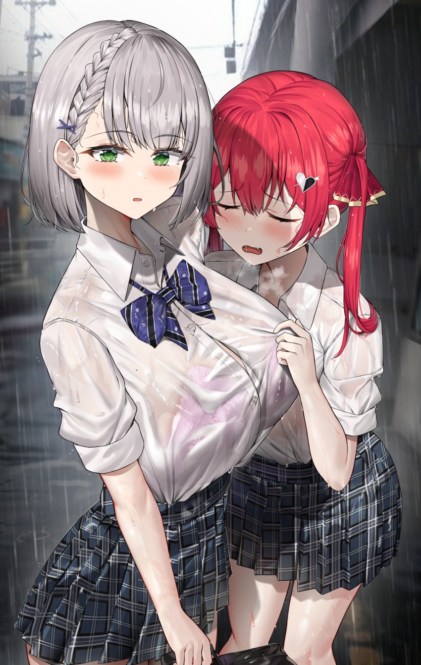 2girls blush breasts female green_eyes hi_res hololive hololive_fantasy hololive_japan houshou_marine huge_breasts kuse_(0201) light-skinned_female light_skin long_hair outdoors rain red_hair school_uniform schoolgirl shirogane_noel short_hair thighs twintails virtual_youtuber wet wet_body white_hair yuri