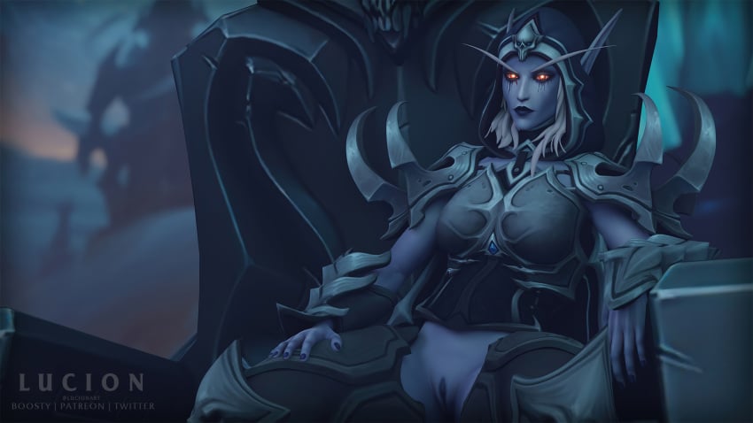 1girls 3d 3d_(artwork) blizzard_entertainment female lucionart mawsworn no_panties pussy sitting sitting_on_chair solo solo_female solo_focus sylvanas_windrunner the_maw_(warcraft) warcraft world_of_warcraft