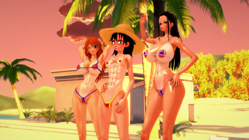 1boy 1femboy 2girls abs areola_slip areolae armpits beach bikini black_hair bulge crossdressing curvy erect_nipples eyeshadow female femboy ffm ffm_threesome hard_nipples hourglass_figure huge_ass huge_breasts koikatsu lipstick makeup male monkey_d_luffy multiple_girls muscles nami nico_robin one_piece poison_lion post-timeskip pubes pubes_exposed red_hair suntan tanline thong yaoi