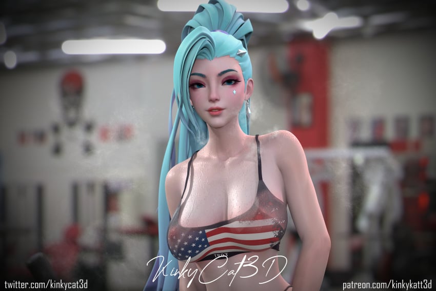 3d 4th_of_july american_flag american_flag_bikini bicycle gym gym_clothes gym_equipment k/da_all_out_seraphine k/da_all_out_series kinkycat3d kinkykatt3d league_of_legends nipples_visible_through_clothing seraphine_(league_of_legends) sports_bra sportswear tight_clothing