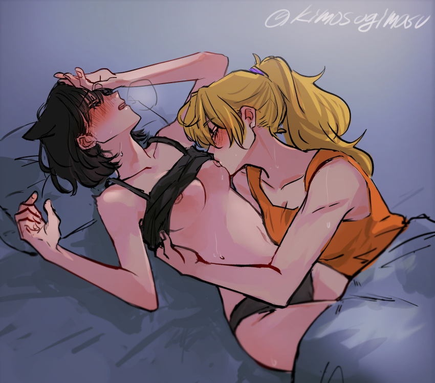 2girls bed bedsheets black_hair black_panties blake_belladonna blonde_hair blush blushing_profusely breast_sucking breasts canon_couple cat_ears closed_eyes clothed_female_nude_female hand_on_face intimate kemonomimi long_hair looking_pleasured multiple_girls naizo_(kimosugimasu) nipples partially_clothed passionate ponytail romantic romantic_couple rwby short_hair sweat underwear_only visible_breath yang_xiao_long yuri