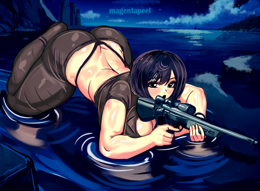 1girls ass big_ass big_breasts black_hair breasts drawing fallout fanart gun huge_ass huge_breasts large_ass large_breasts magentapeel milf muscle muscles muscular muscular_female short_hair sniper voluptuous