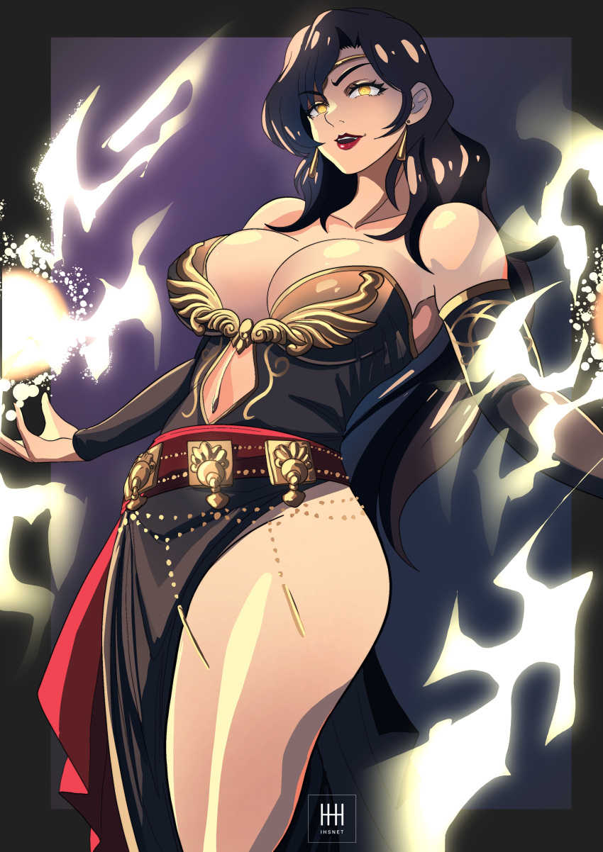 1girls absurdres ass bare_shoulders black_dress black_hair breasts circlet cleavage collarbone commission cowboy_shot detached_sleeves dress earrings female female female_only fire_emblem fire_emblem:_the_blazing_blade highres ihsnet jewelry large_breasts lightning lipstick long_hair looking_at_viewer magic makeup mature_female navel nintendo plunging_neckline red_sash sash side_slit signature simple_background smile solo sonia_(fire_emblem) thighs yellow_eyes