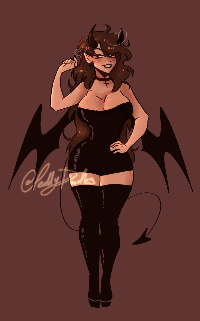 big_breasts black_dress black_nails breasts brown_hair demon_girl demon_horns demon_tail demon_wings friday_night_funkin friday_night_funkin_mod hand_on_hip high_heel_boots hips hourglass_figure long_hair red_eyes shanice_(shawncookie) thigh_boots thighs