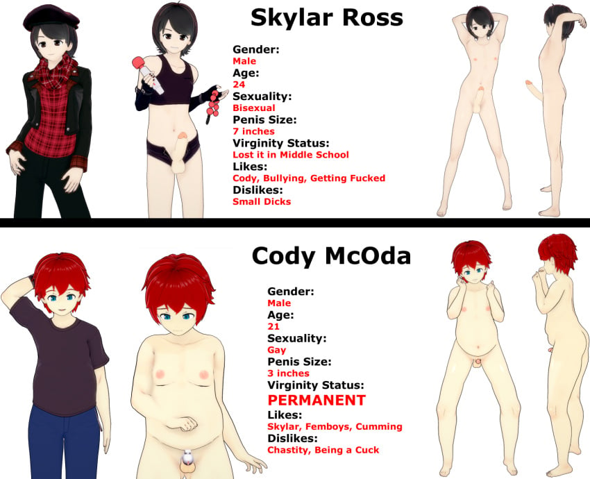 anal_beads black_hair boyfriends character_sheet chastity chastity_cage chastity_device cheating chubby chubby_male cody_mcoda cucked_by_femboy cuckold english_text femboy femboydom gay hung_trap koikatsu koikatsu_(medium) male netorare ntr permanent potbelly red_hair size_difference skylar_ross small_penis text trap twink virgin wand_vibrator yaoi