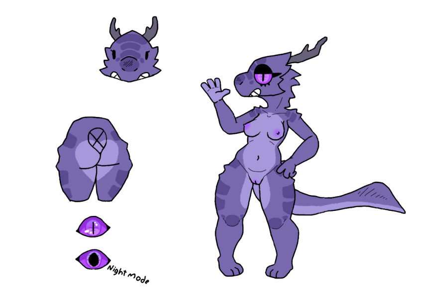 anthro aster_(anamazingkobold) black_eyelids breasts female genitals horn kobold leg_markings markings model_sheet nipples non-mammal_nipples pupils purple_body purple_eyes purple_scales pussy scales scalie slit_pupils smile solo squablodecomplash thigh_markings