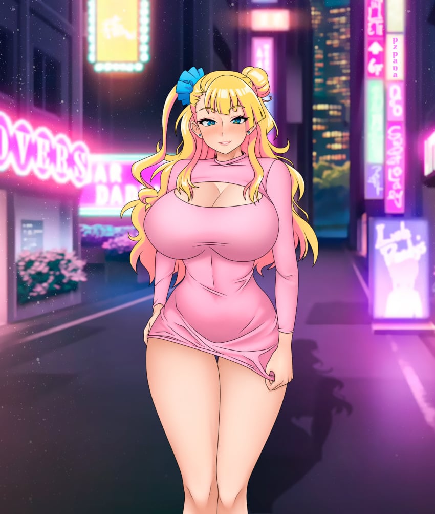 asymmetrical_hair blonde_hair blue_eyes blue_scrunchie breasts cleavage cleavage_window dress eyebrows eyebrows_visible_through_hair eyelashes fully_clothed galko galko-chan hips holding_clothing hourglass_figure huge_breasts large_breasts oshiete!_galko-chan pierced_ears piercings pzpana scrunchie thighs thighs_together wide_hips