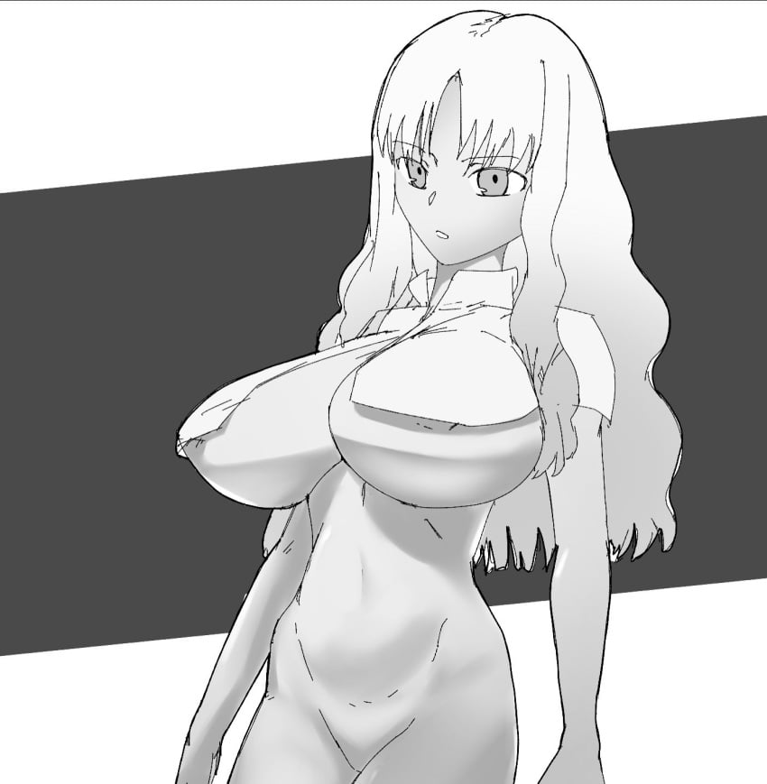 1girls alternate_breast_size breasts caren_ortensia cleavage expressionless fate/hollow_ataraxia fate_(series) female functionally_nude large_breasts long_hair massgrave monochrome nipple_slip nude open_mouth small_clothes solo underboob