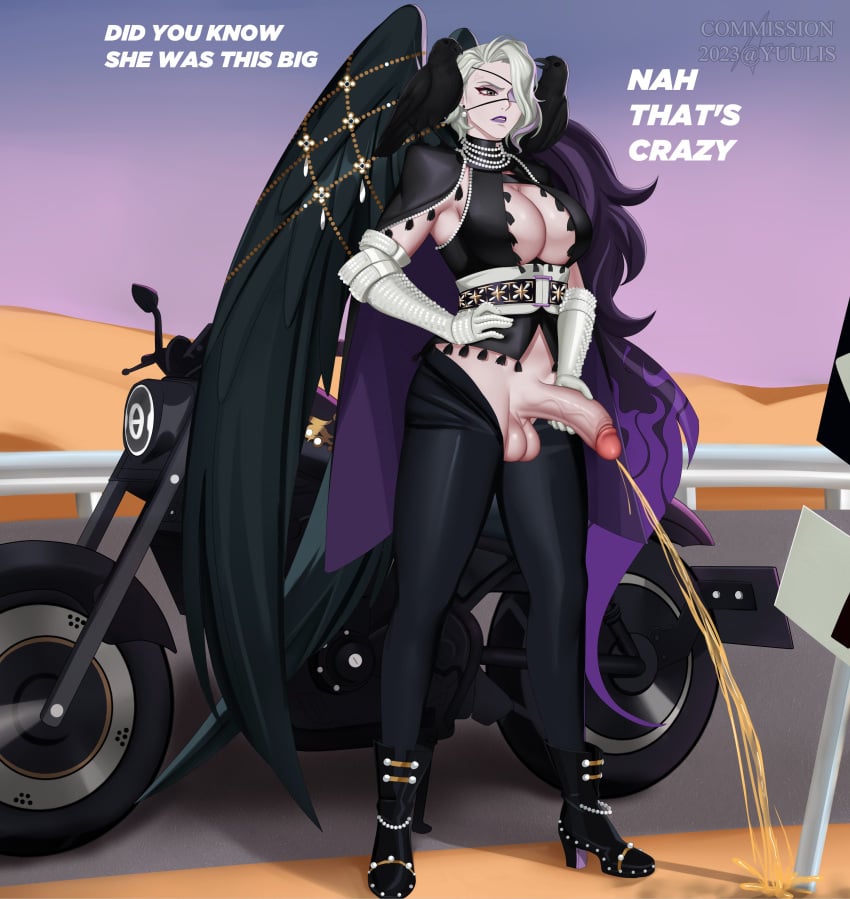 big_balls big_breasts big_penis clothed_futanari desert dislyte eyepatch full-package_futanari futa_only futanari large_balls large_breasts large_penis lipstick motorcycle peeing peeing_on_floor raven_(dislyte) standing testicles urination urine urine_stream white_hair yuulis