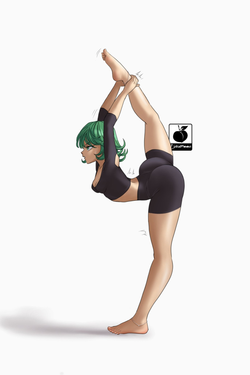 1girls anklet artist_logo big_ass big_butt flexible green_eyes green_hair linkartoon nail_polish one-punch_man petite petite_body small_breasts stretching tagme tatsumaki yoga yoga_pose