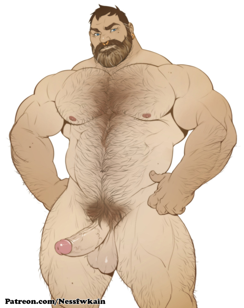 1boy abs arm_hair artist_name balls ballsack bara beard beefy big_muscles big_pecs blue_eyes body_hair brown_hair chest_hair daddy dangling_testicles dilf ear_piercing ear_ring erection facial_hair foreskin foreskin_folds hairy_balls hairy_male happy_trail human intact leg_hair low_hanging_balls male male_nipples male_only manly mature_male muscles muscular_human muscular_male mustache navel nessfwkain nesskain nose_piercing nose_ring nude_male original_character patreon_username pecs penis pubes retracted_foreskin scrotum septum_piercing solo testicles uncut veiny_penis