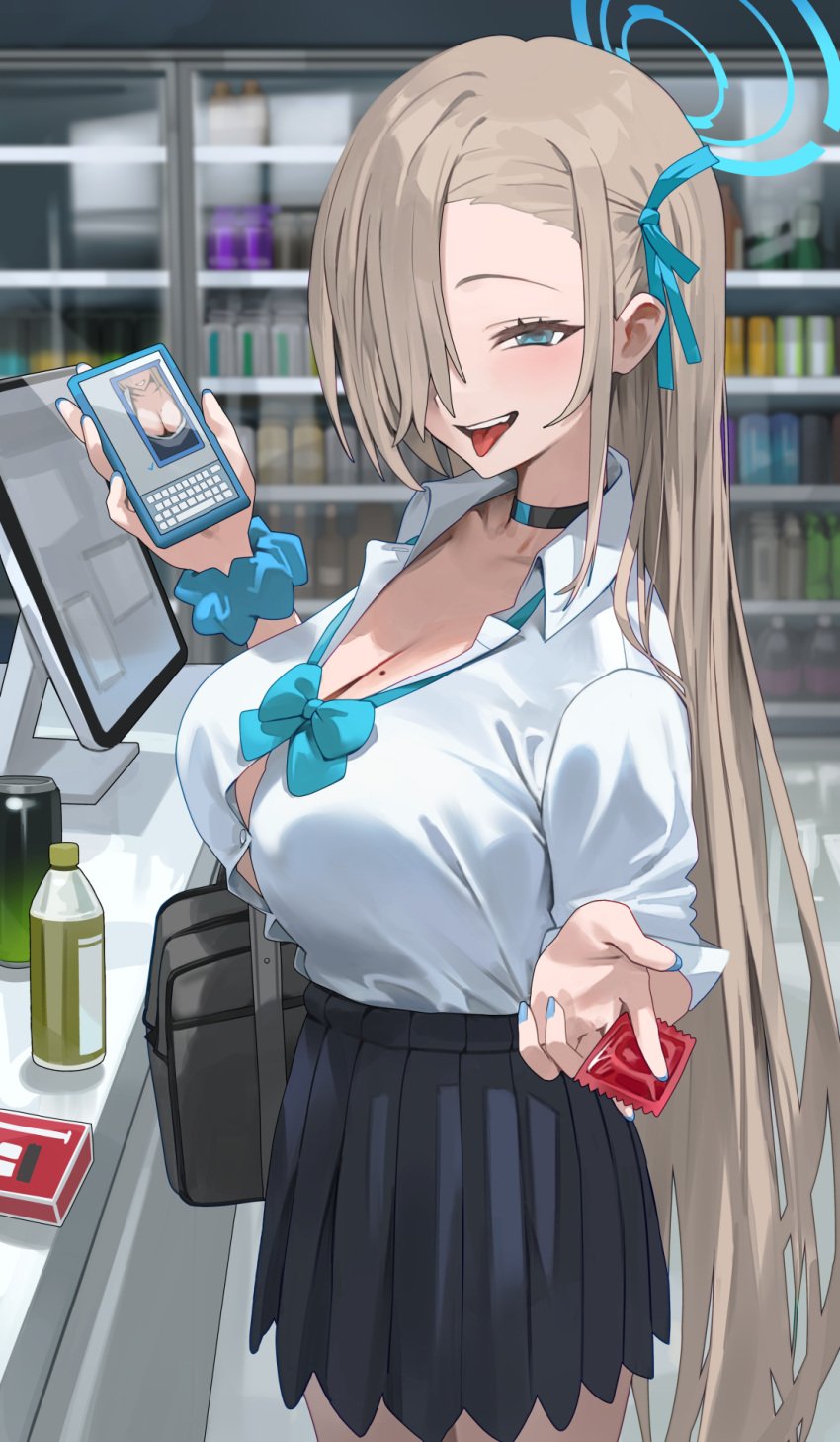 1girls 2d 2d_(artwork) asuna_(blue_archive) blonde_hair blue_archive blue_eyes blurry_background breasts cellphone choker cleavage condom convenience_store detailed_background female hair_ornament hair_over_one_eye halo holding_object hood_x_art huge_breasts looking_at_viewer millennium_science_school_student mole_on_breast nail_polish naughty_face no_bra_under_clothes offering_condom pleated_skirt school_uniform schoolgirl seducing seductive seductive_look sending_nudes skirt smile solo_female standing tongue_out tucked_shirt very_long_hair white_shirt