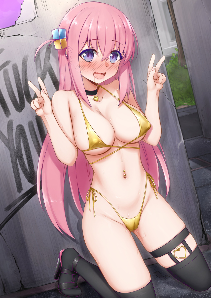 1girls :d :o ? absurdres bare_legs barefoot bikini blush bocchi_the_rock! breasts cameltoe collarbone covered_nipples cube_hair_ornament double_v drooling female gotou_hitori hair_ornament hands_up high_heels highres kneeling large_breasts long_hair navel navel_piercing open_mouth outdoors piercing pink_hair pussy_juice smile solo swimsuit symbol-shaped_pupils thighhighs v vahn_yourdoom yellow_bikini