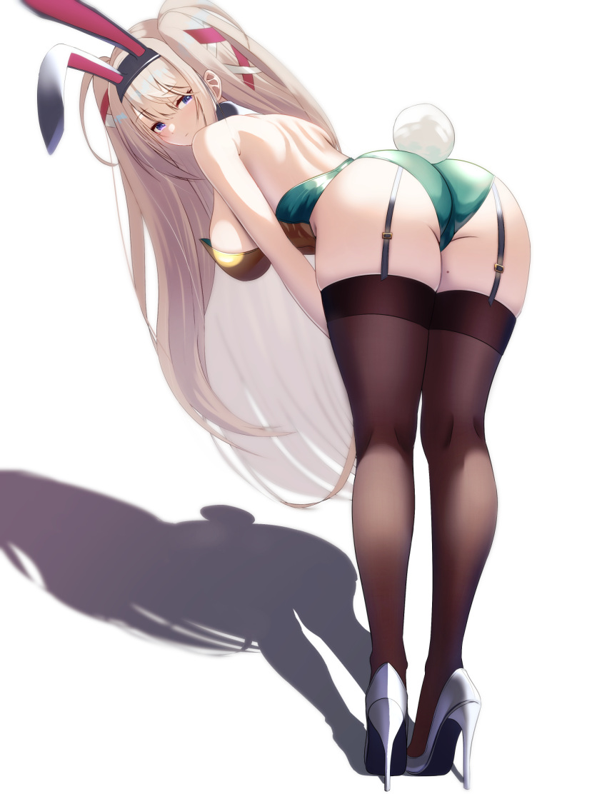 1girls azur_lane blonde_hair bunny_ears bunny_tail bunnysuit female female_only garter_straps gorizia_(azur_lane) high_heels light-skinned_female light_skin long_hair looking_back purple_eyes sardegna_empire_(azur_lane) shadow solo stockings tako-san_wiener_(takosanuma)