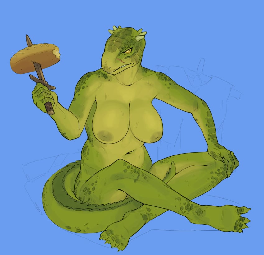 4_toes anthro bethesda_softworks blue_background bread breasts countershading deeja facial_scar feet female food green_body green_scales hi_res inverted_nipples knife looking_at_viewer looking_back looking_back_at_viewer navel neracoda nipples non-mammal_breasts nude pupils scales scalie scar simple_background sitting slit_pupils solo the_elder_scrolls toes weapon yellow_eyes