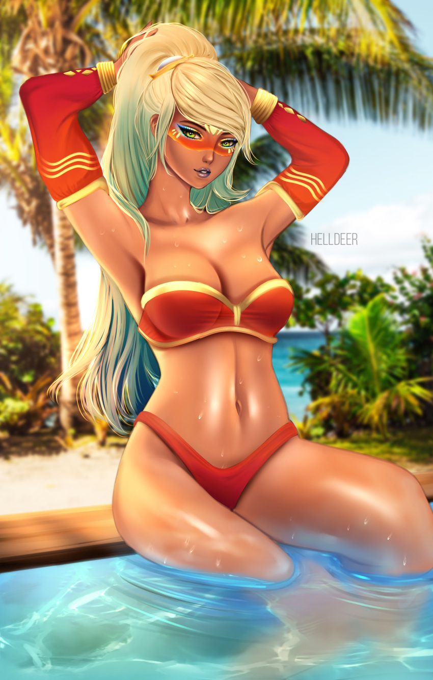 2d 2d_(artwork) blonde_hair gem_on_forehead green_eyes helldeer in_water jewel_on_forehead league_of_legends lipstick nidalee ocean_song_nidalee ponytail riot_games strapless strapless_top strapless_topwear swimsuit tanned tanned_female tanned_skin tubetop